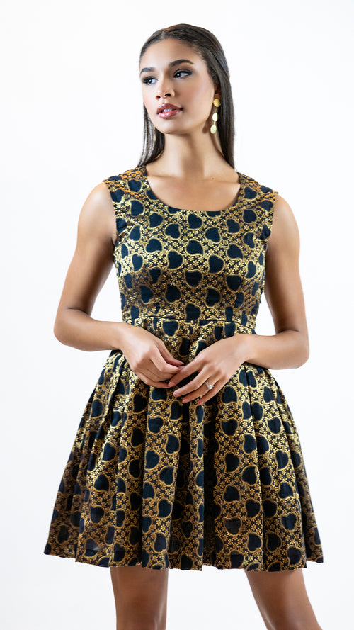 Black Gold Brocade Mini Dress – Sleeveless Party Outfit