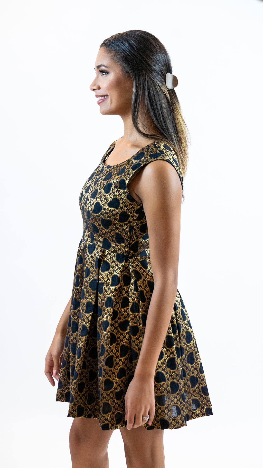 Black Gold Brocade Mini Dress – Sleeveless Party Outfit