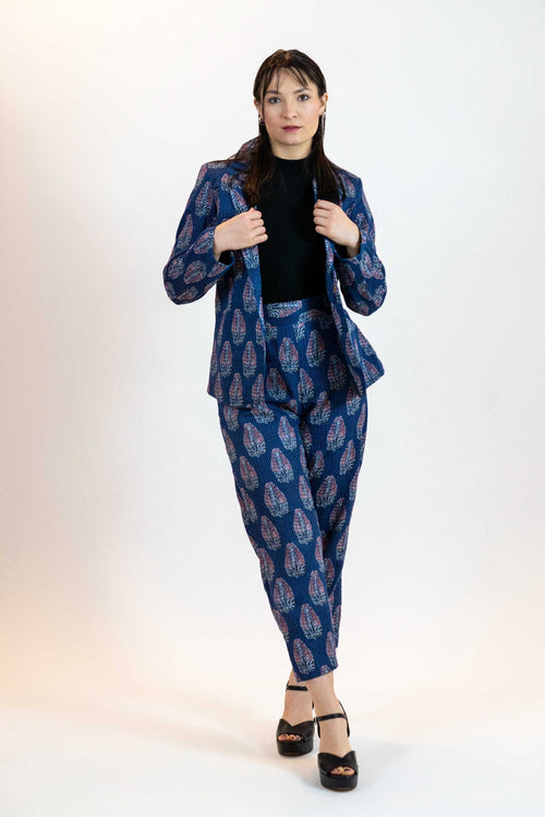 Blue Floral Pant Suit – Linen Blend Blazer & Trousers