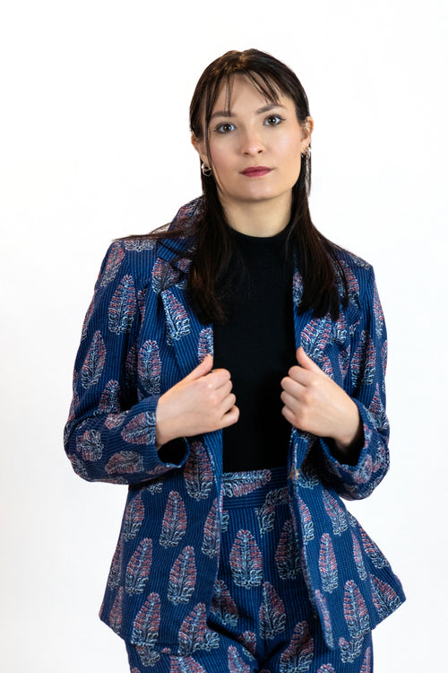 Blue Leaves Floral Blazer – Linen Blend Printed Jacket