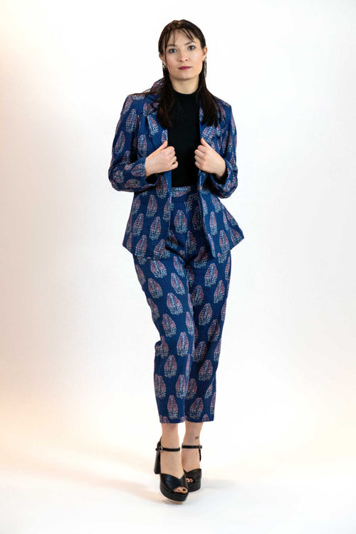 Blue Floral Pant Suit – Linen Blend Blazer & Trousers