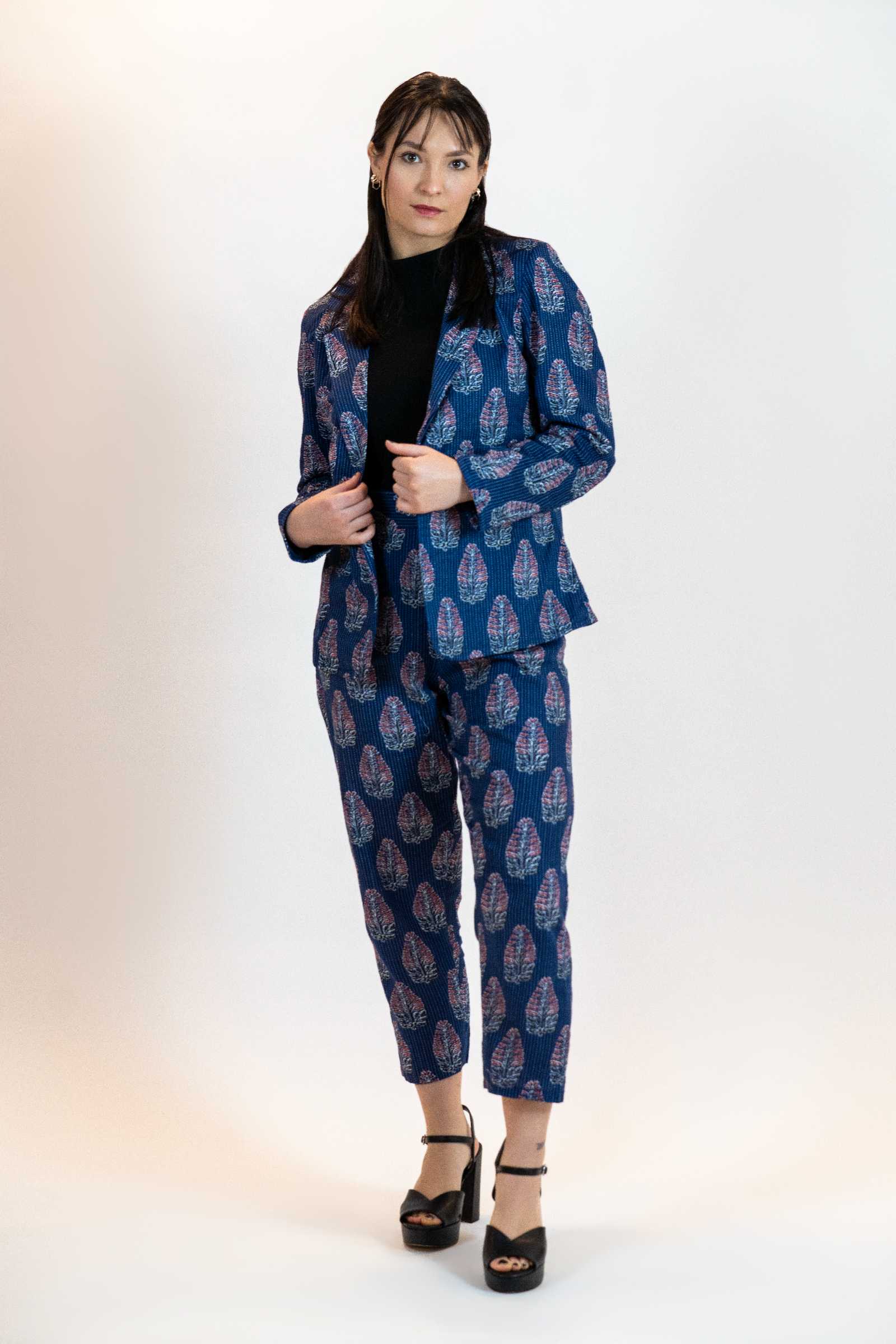 Blue Floral Pant Suit – Linen Blend Blazer & Trousers