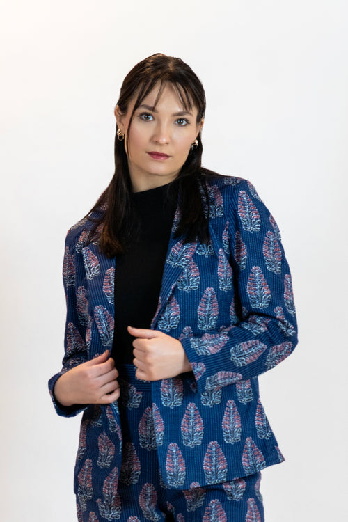 Blue Leaves Floral Blazer – Linen Blend Printed Jacket