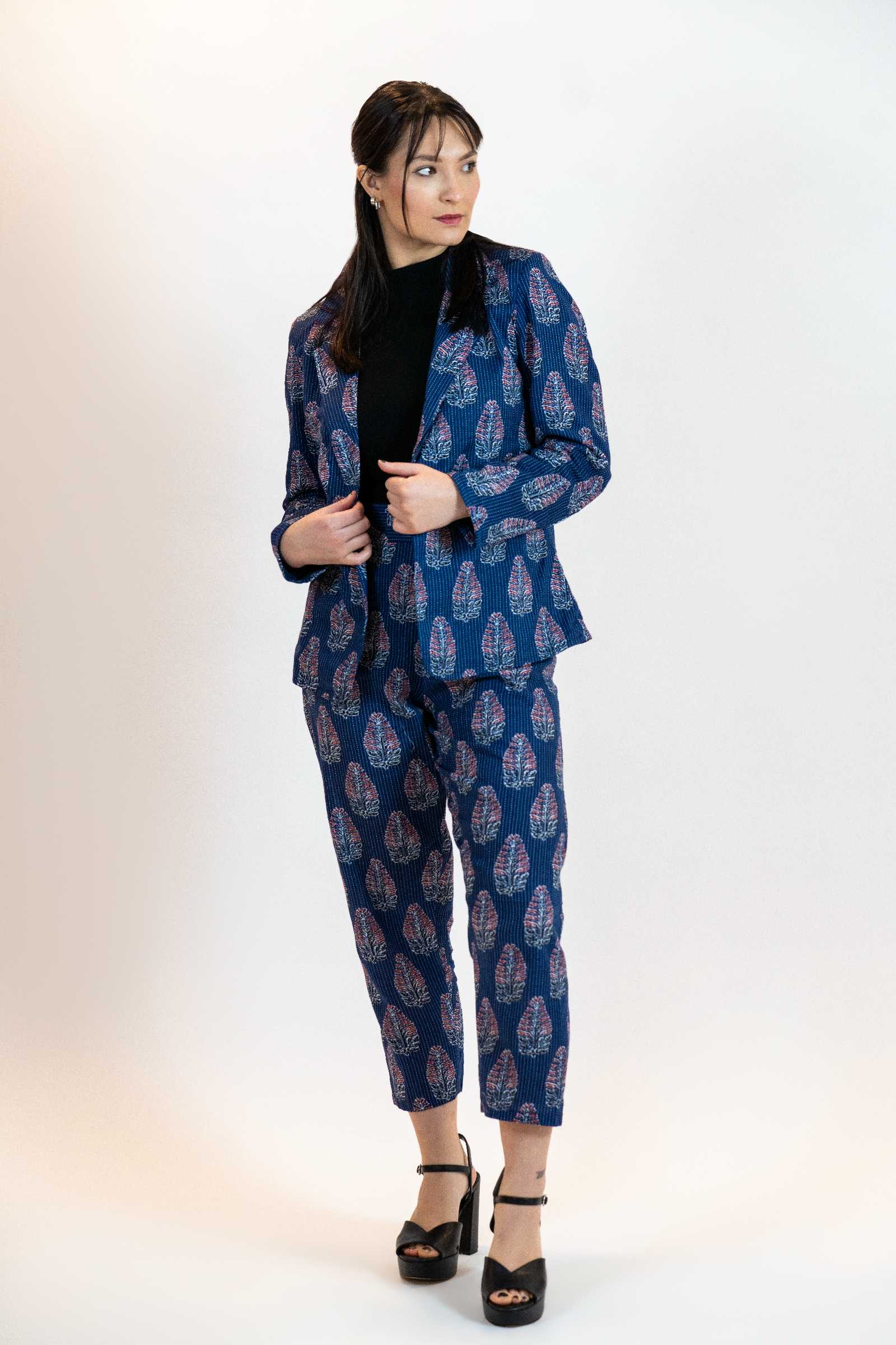 Blue Floral Pant Suit – Linen Blend Blazer & Trousers