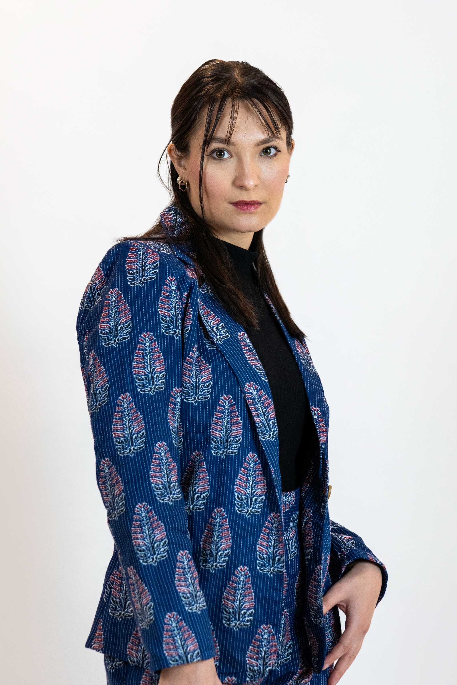 Blue Leaves Floral Blazer – Linen Blend Printed Jacket