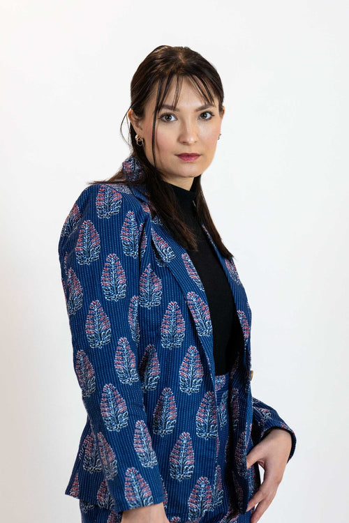 Blue Leaves Floral Blazer – Linen Blend Printed Jacket