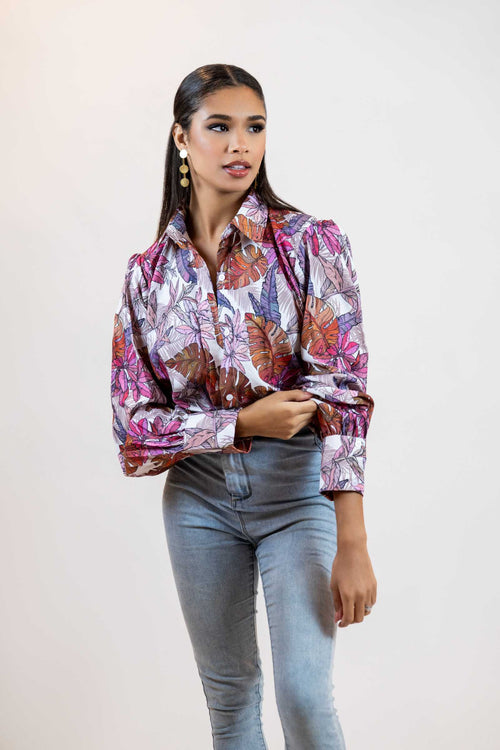 Colorful Floral Button Down – Balloon Sleeve Women’s Shirt
