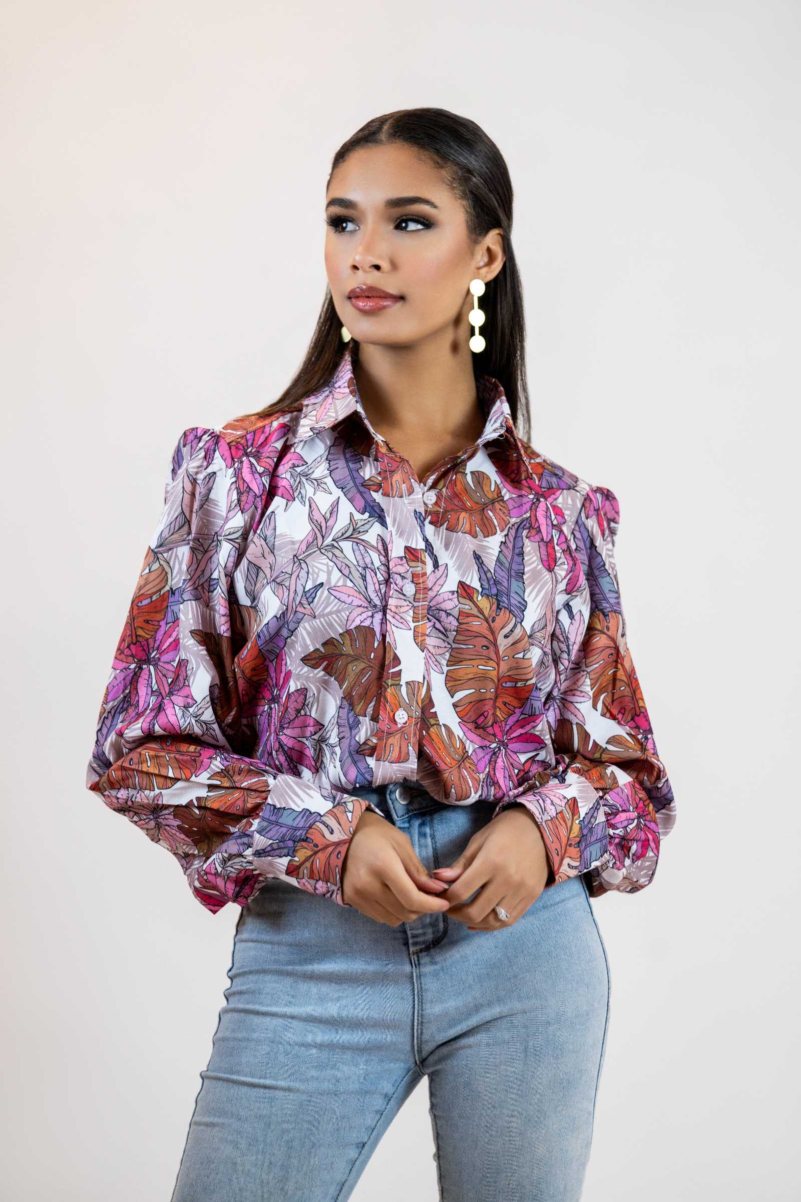 Colorful Floral Button Down – Balloon Sleeve Women’s Shirt