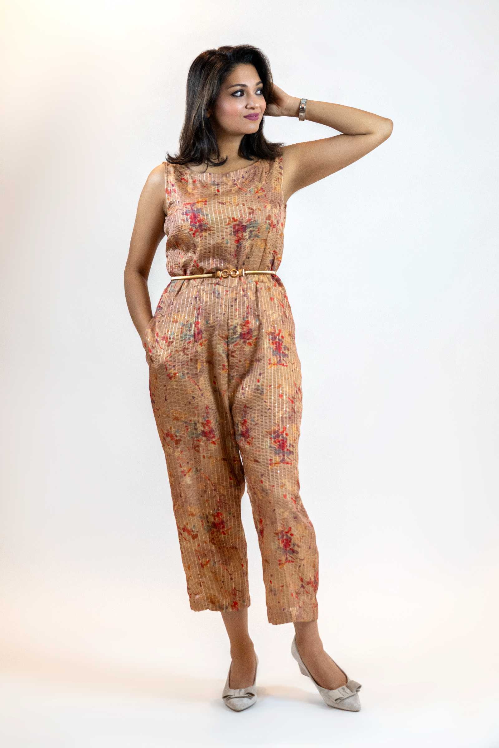 Beige Sequins Jumpsuit – Sleeveless Wide-Leg Party Outfit