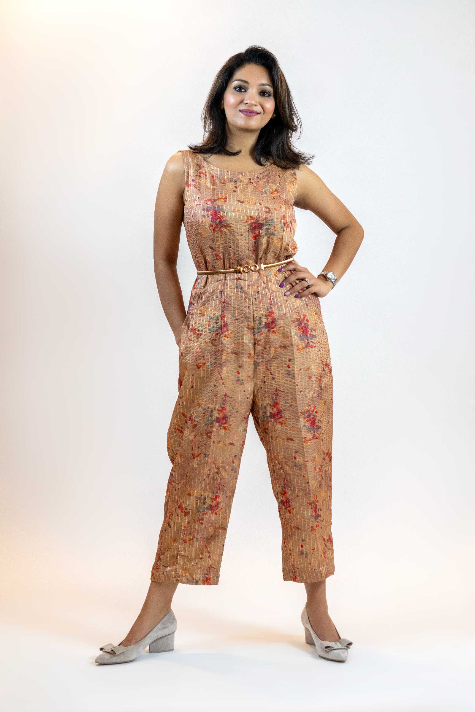 Beige Sequins Jumpsuit – Sleeveless Wide-Leg Party Outfit