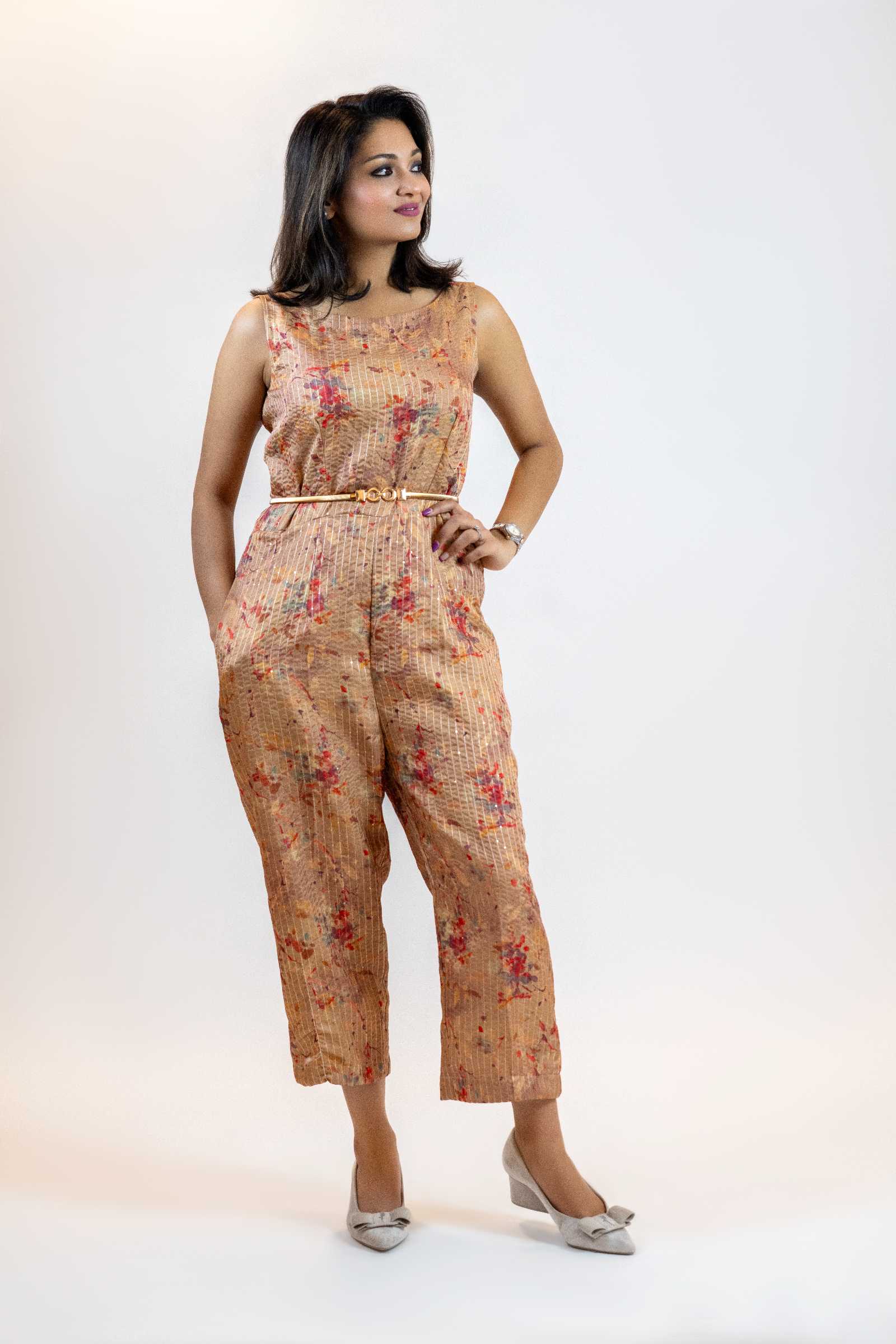 Beige Sequins Jumpsuit – Sleeveless Wide-Leg Party Outfit