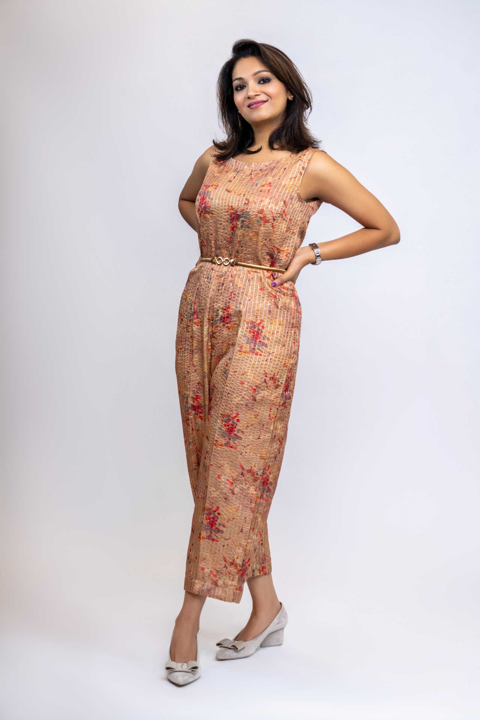 Beige Sequins Jumpsuit – Sleeveless Wide-Leg Party Outfit