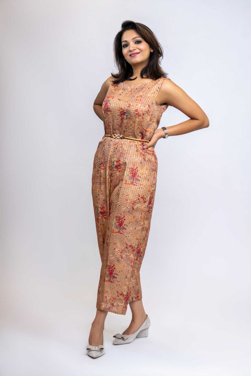 Beige Sequins Jumpsuit – Sleeveless Wide-Leg Party Outfit
