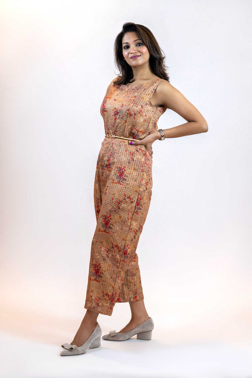 Beige Sequins Jumpsuit – Sleeveless Wide-Leg Party Outfit