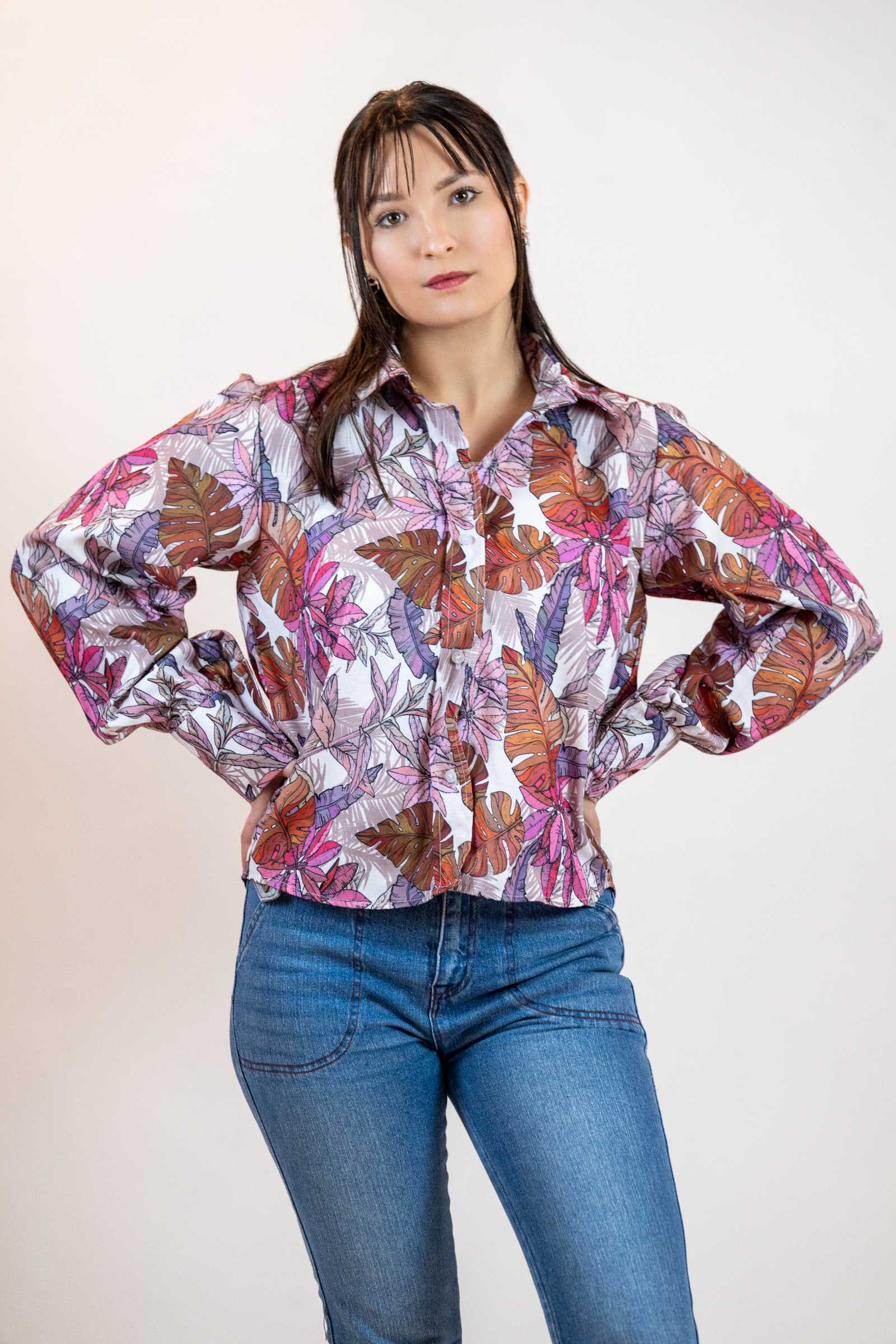 Colorful Floral Button Down – Balloon Sleeve Women’s Shirt