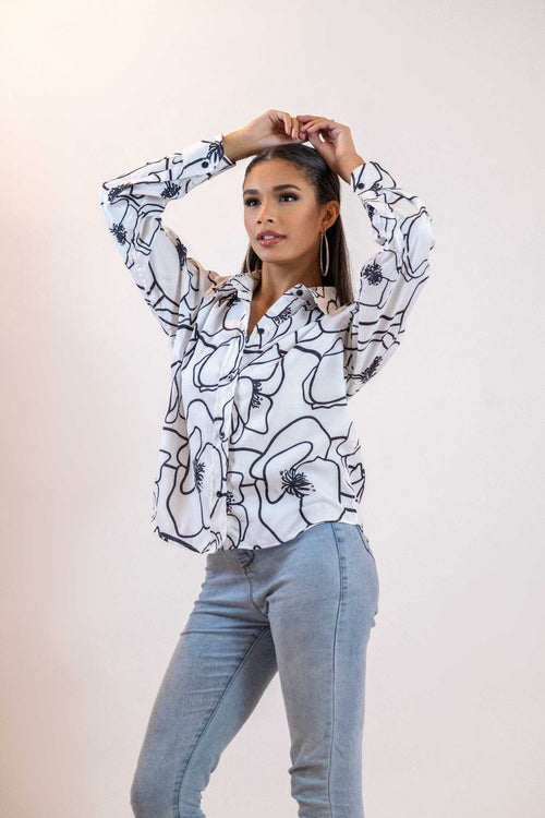 Black & White Line Art Shirt – Long Sleeve Printed Blouse