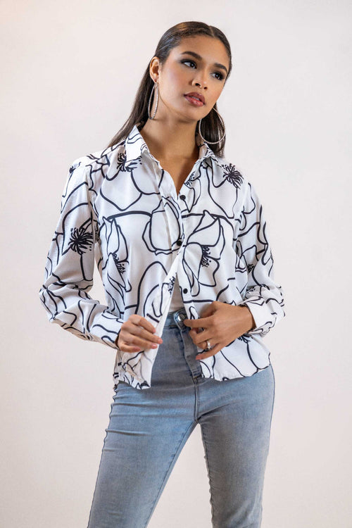 Black & White Line Art Shirt – Long Sleeve Printed Blouse