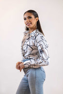 Black & White Line Art Shirt – Long Sleeve Printed Blouse