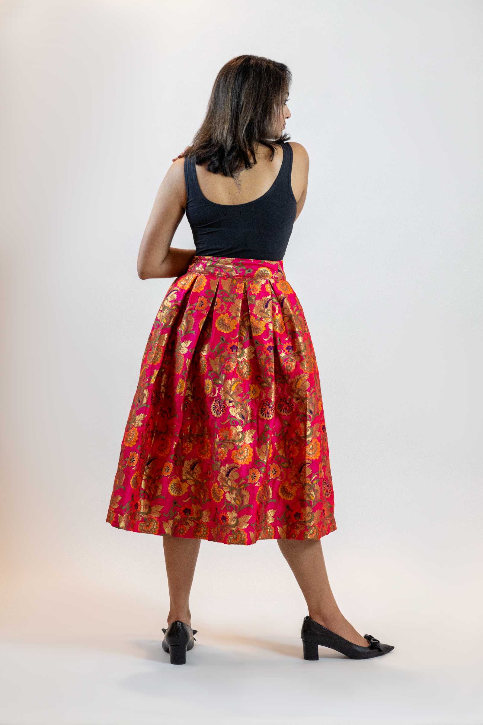 Hot Pink Floral A-Line Skirt – Vintage Brocade Midi Skirt