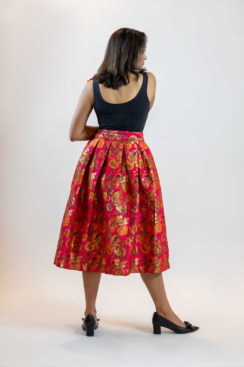 Hot Pink Floral A-Line Skirt – Vintage Brocade Midi Skirt