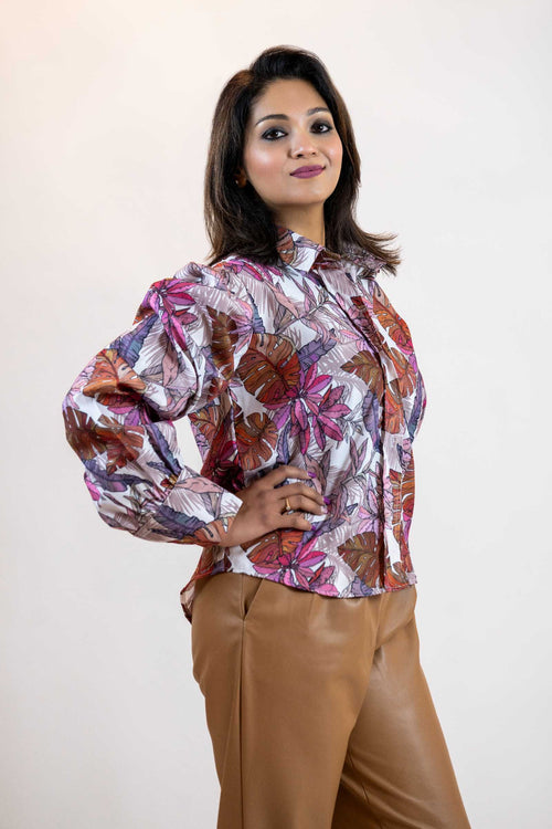Colorful Floral Button Down – Balloon Sleeve Women’s Shirt