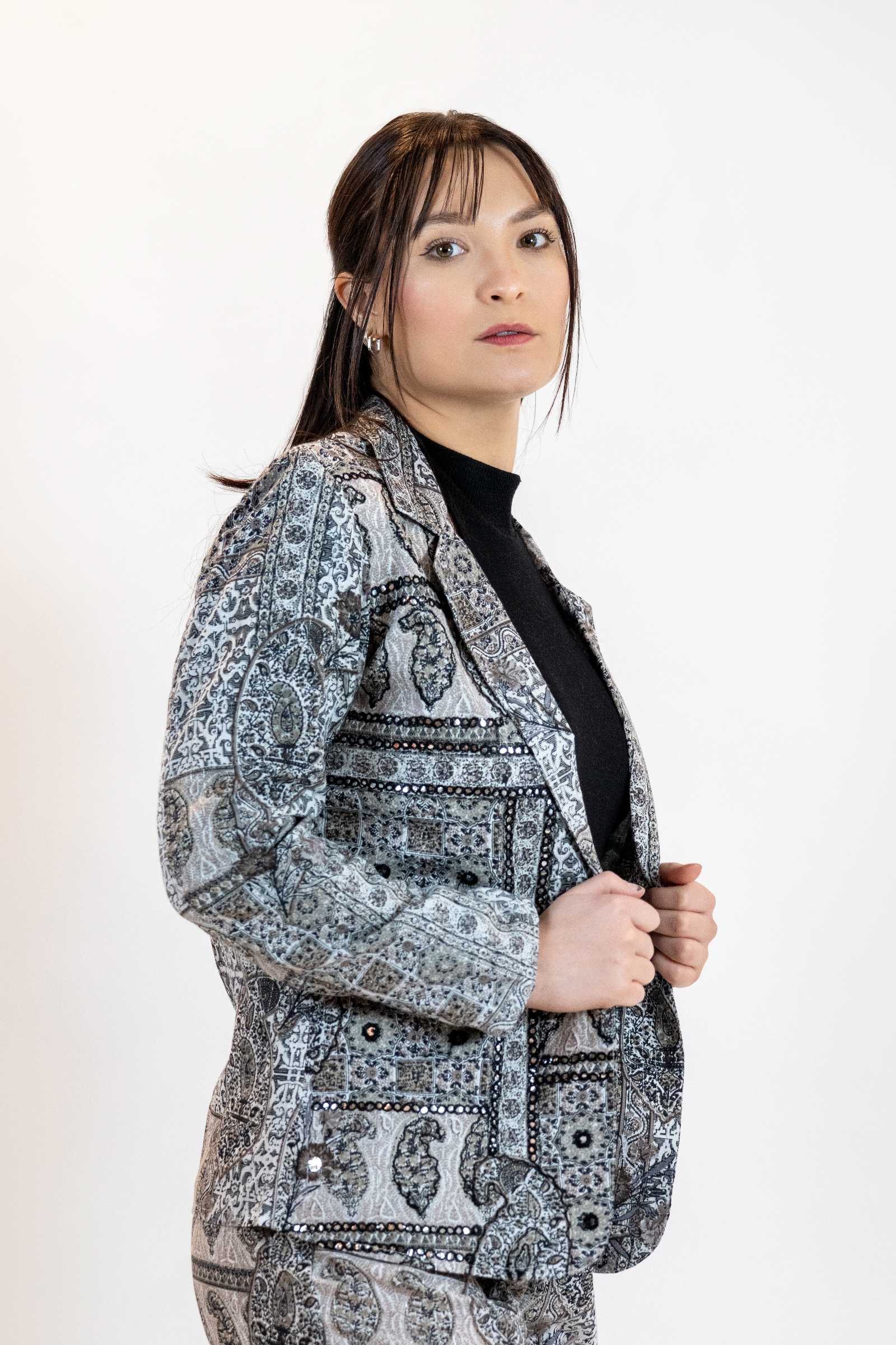 Monochrome Mirror Work Blazer – Paisley Print Jacket