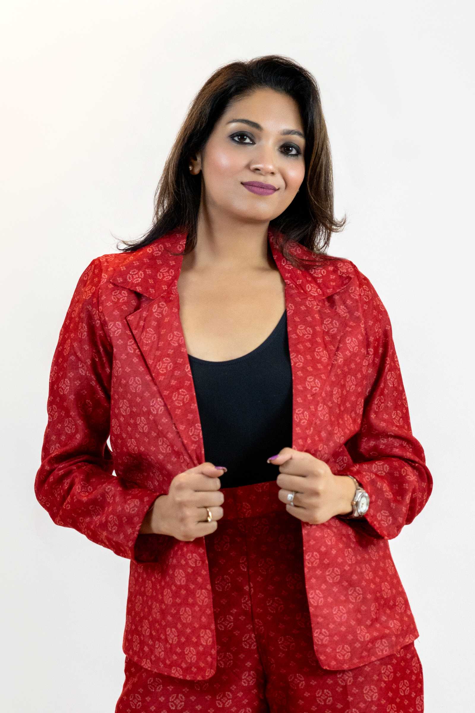 Red Bandhani Tie-Dye Blazer – Handmade Statement Jacket