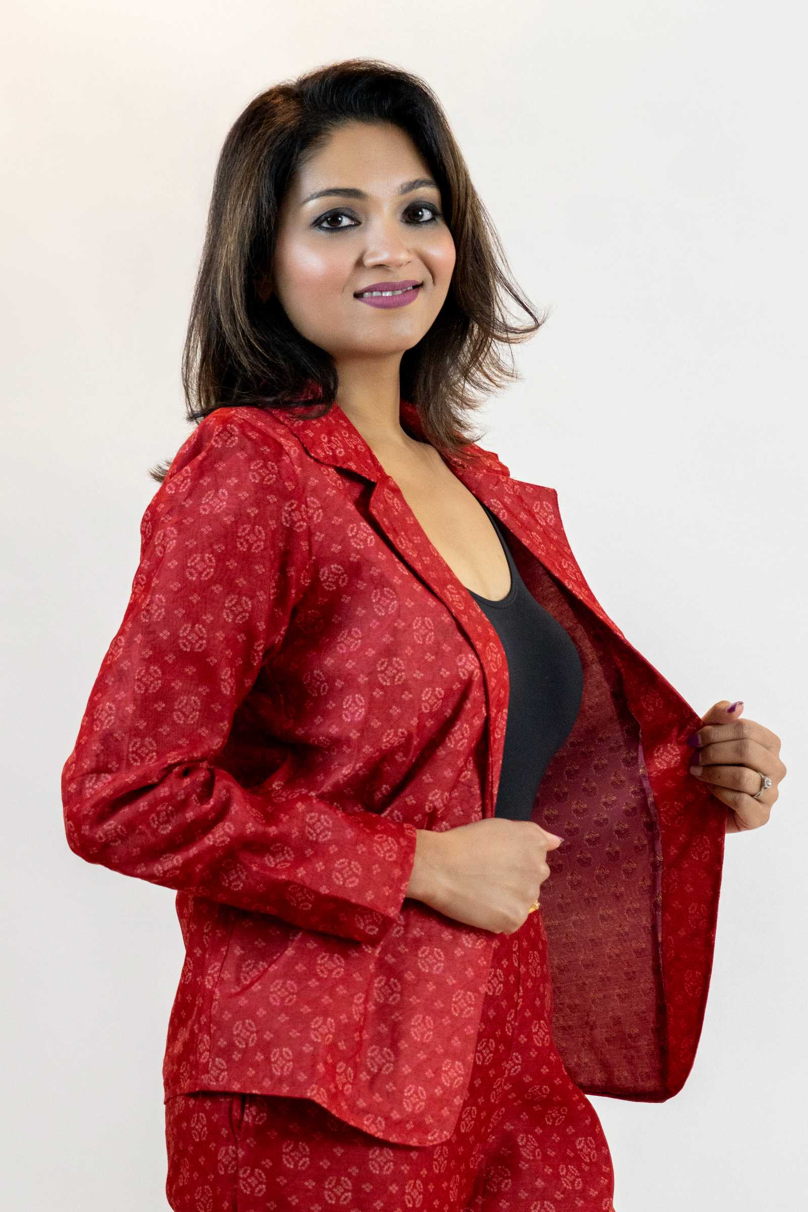 Red Bandhani Tie-Dye Blazer – Handmade Statement Jacket