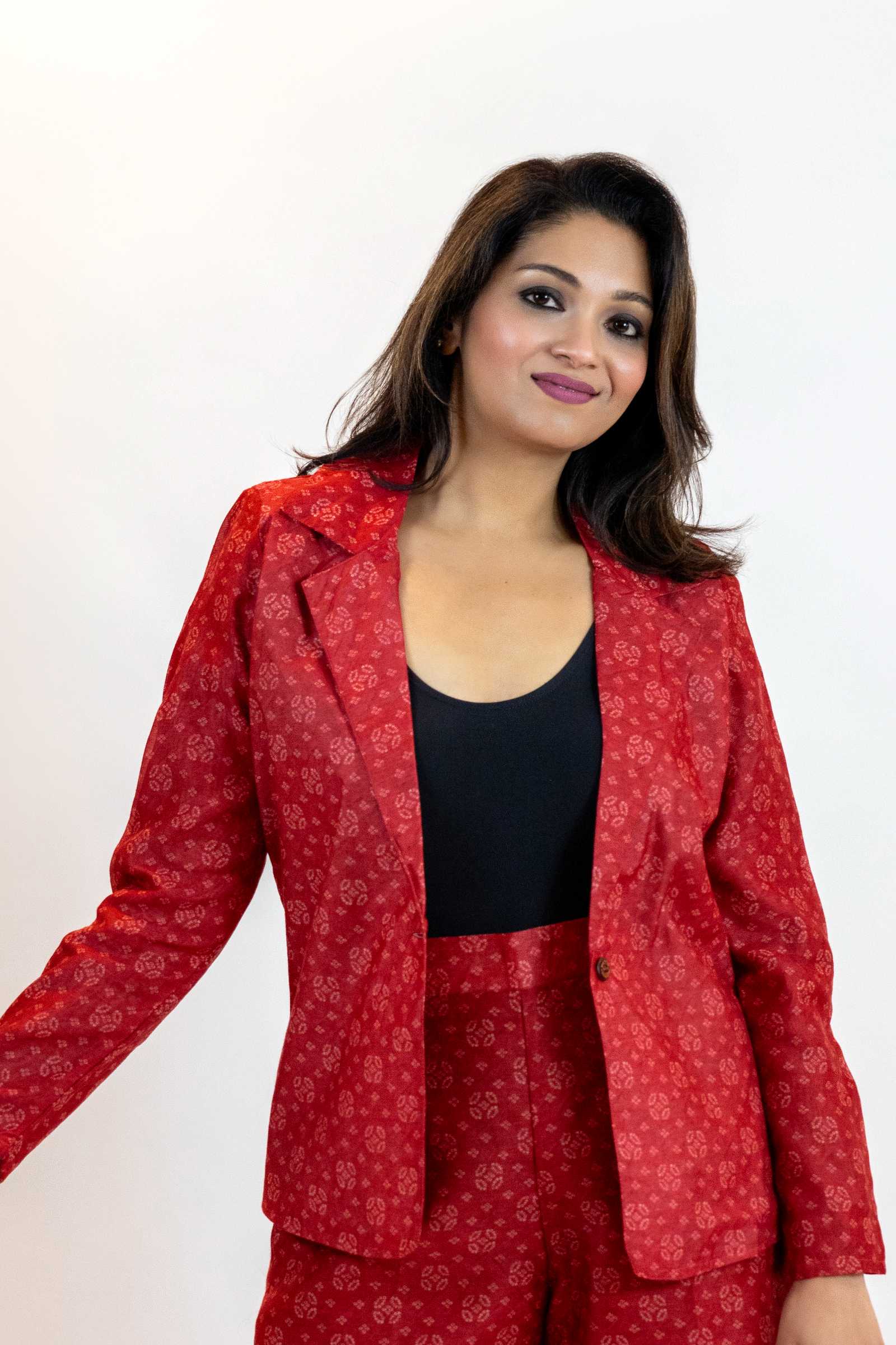 Red Bandhani Tie-Dye Blazer – Handmade Statement Jacket