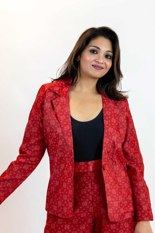 Red Bandhani Tie-Dye Blazer – Handmade Statement Jacket