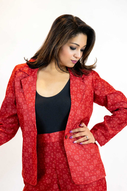 Red Bandhani Tie-Dye Blazer – Handmade Statement Jacket
