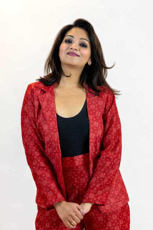 Red Bandhani Tie-Dye Blazer – Handmade Statement Jacket