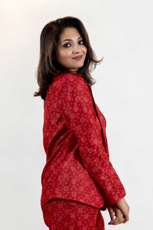 Red Bandhani Tie-Dye Blazer – Handmade Statement Jacket