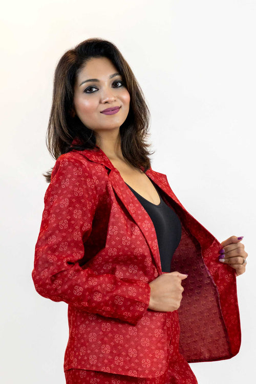 Red Bandhani Tie-Dye Blazer – Handmade Statement Jacket