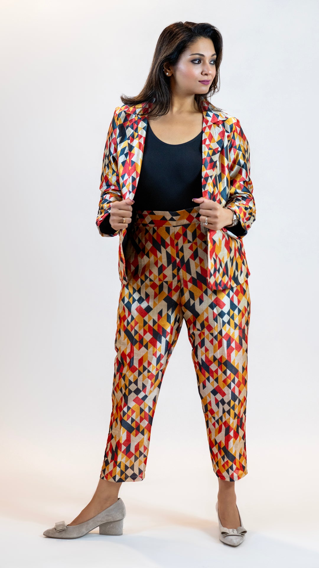 Geometric Print Co-Ord Set – Diamond Pattern Suit Women