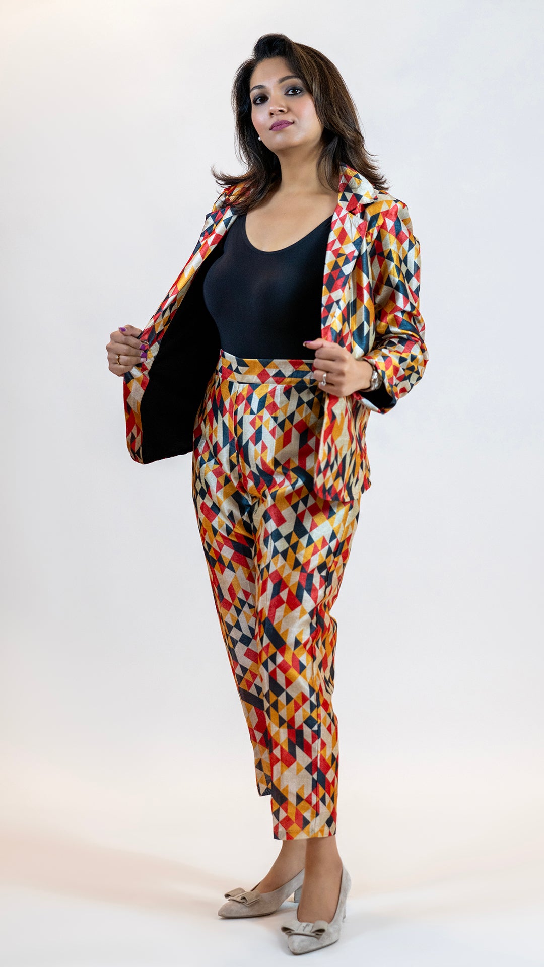 Geometric Print Co-Ord Set – Diamond Pattern Suit Women