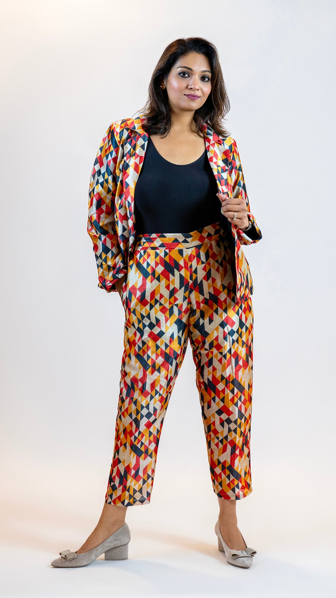 Geometric Print Co-Ord Set – Diamond Pattern Suit Women