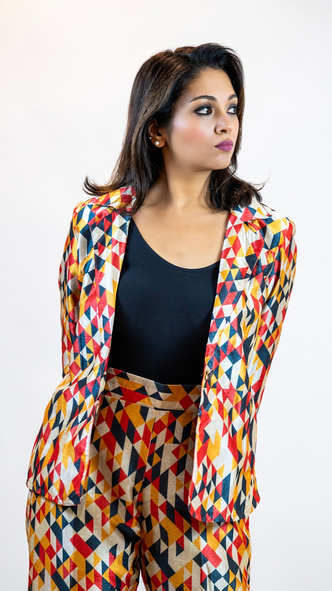 Geometric Print Co-Ord Set – Diamond Pattern Suit Women