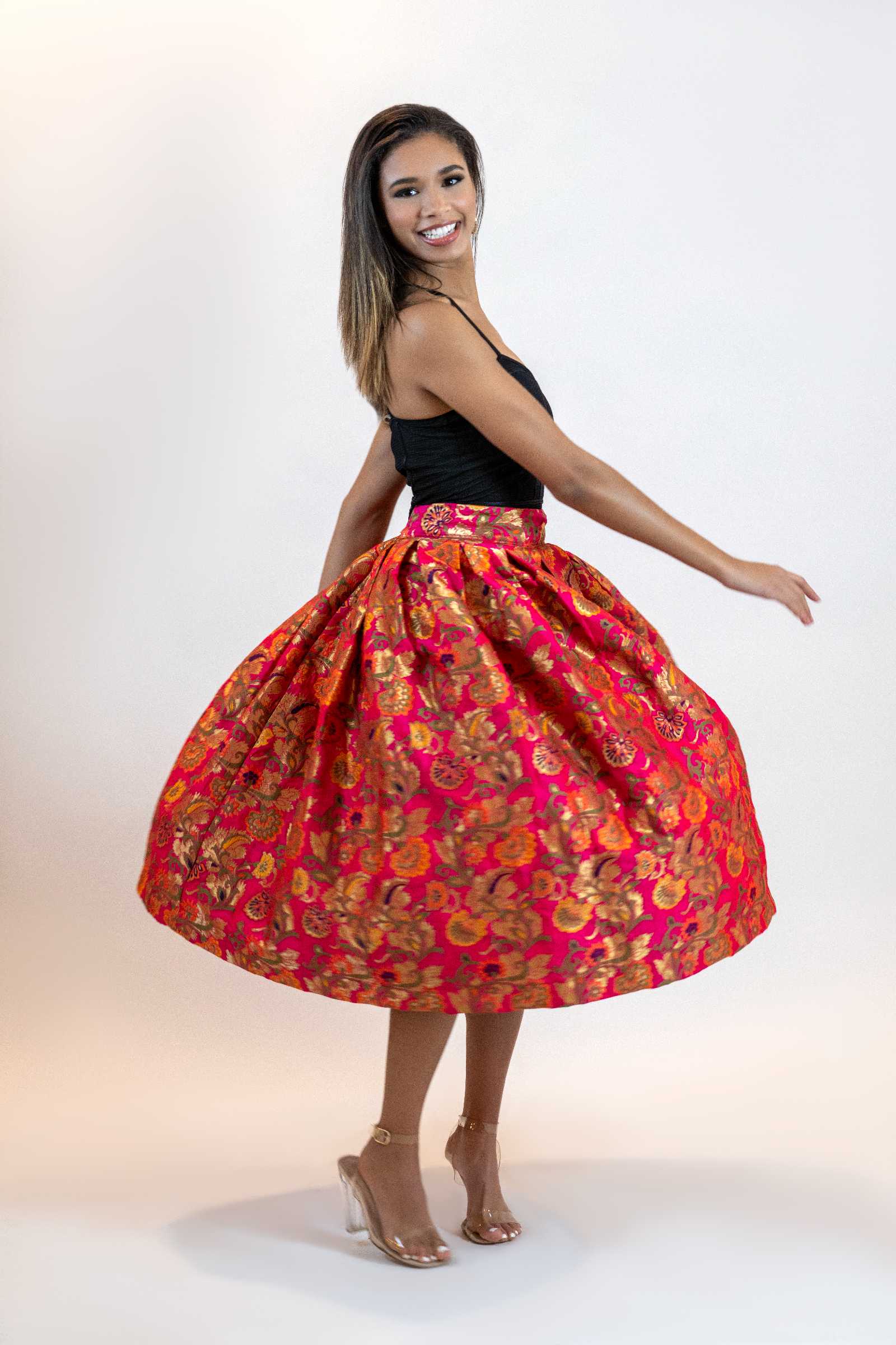 Hot Pink Floral A-Line Skirt – Vintage Brocade Midi Skirt