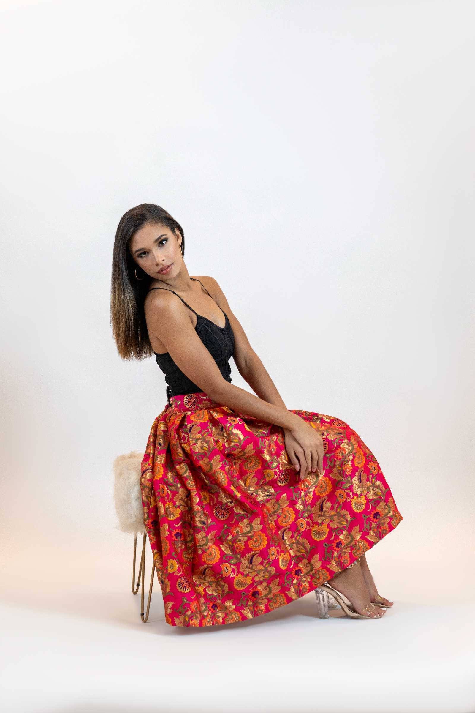 Hot Pink Floral A-Line Skirt – Vintage Brocade Midi Skirt