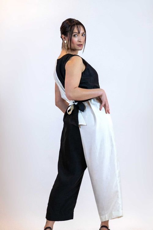 Black & White Jumpsuit – Belted Sleeveless Wide-Leg Outfit