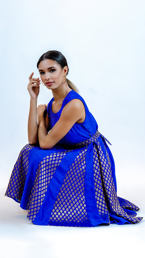 Royal Blue Brocade Dress – Vintage Inspired Midi Outfit