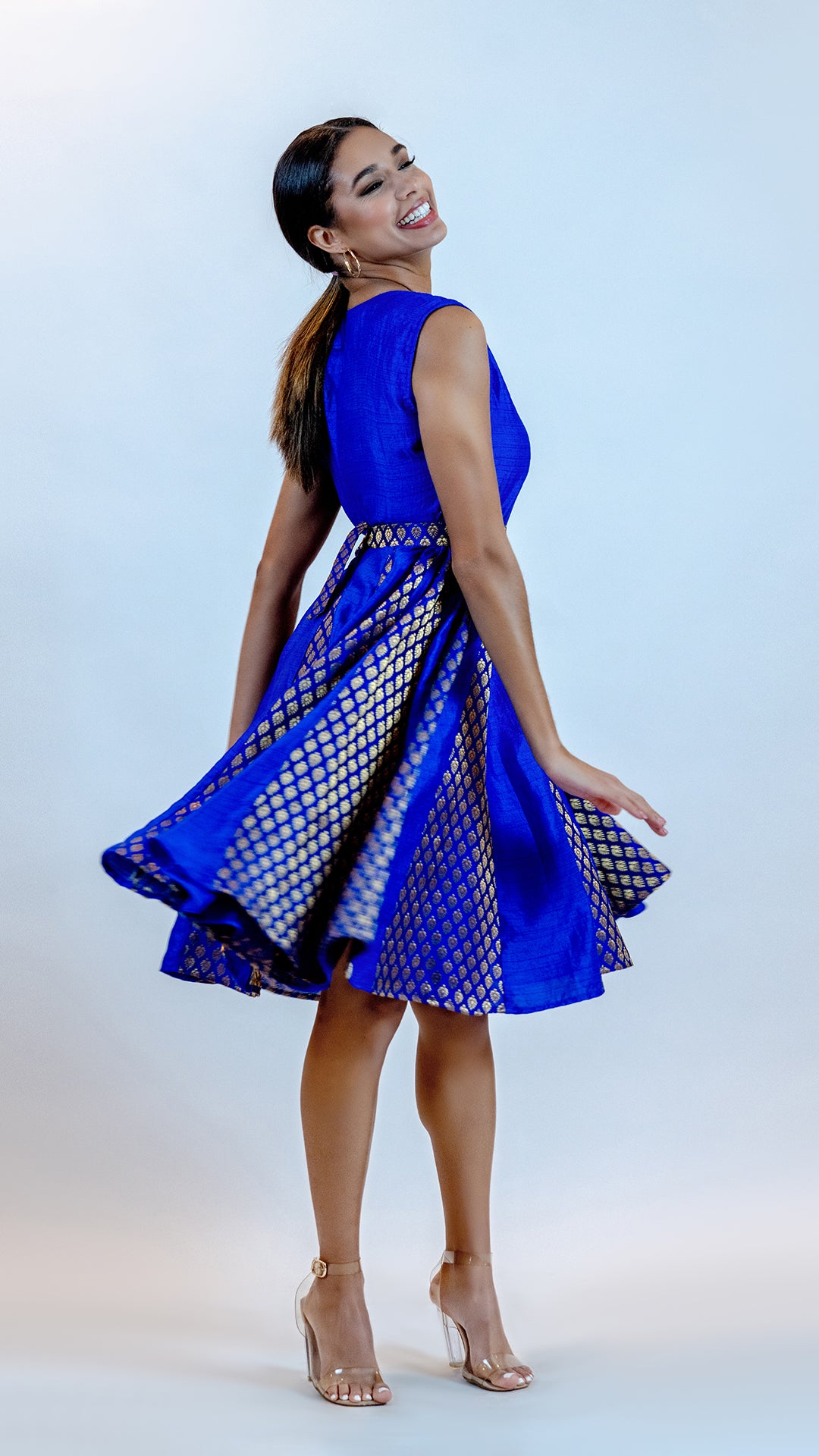 Royal Blue Brocade Dress – Vintage Inspired Midi Outfit