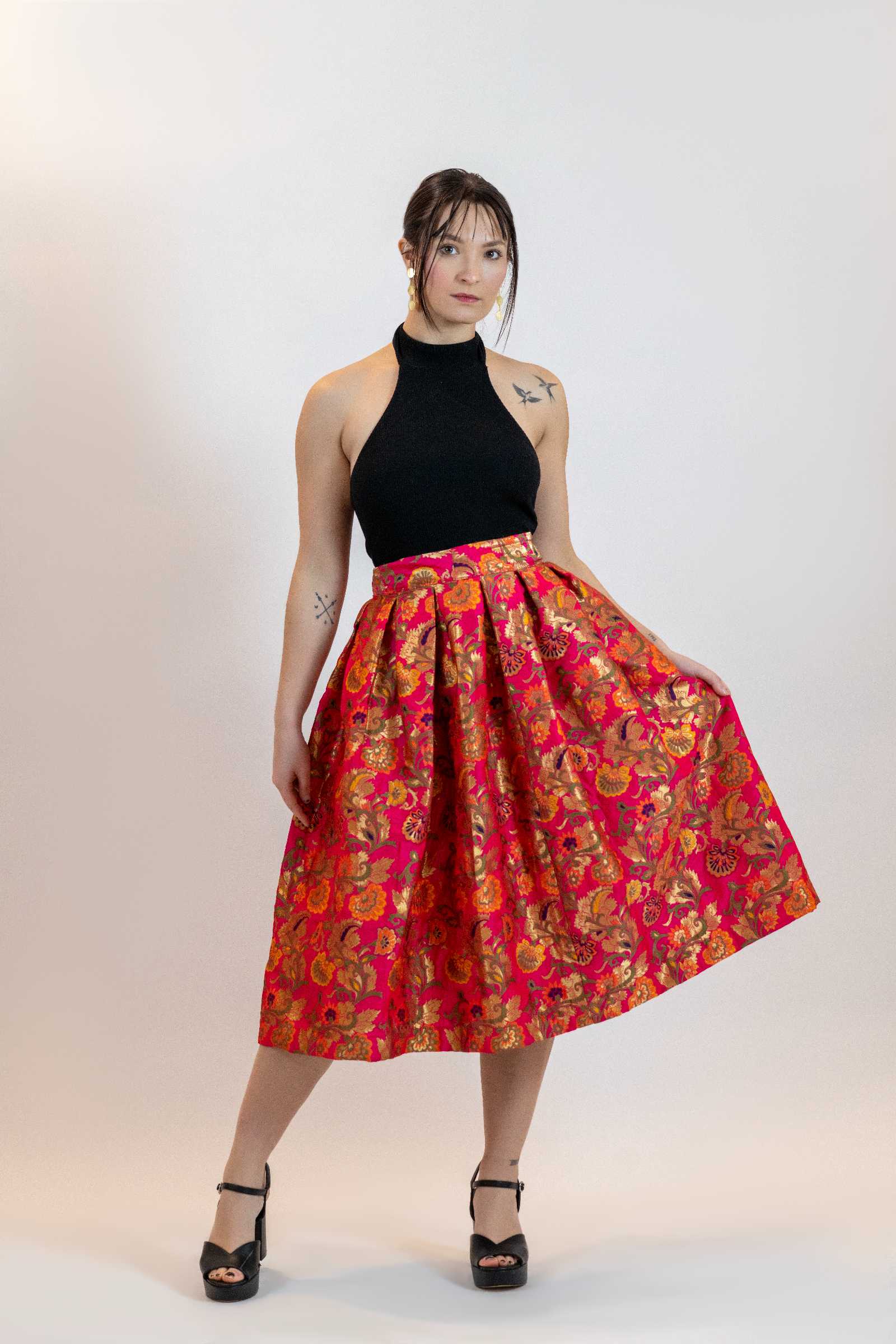 Hot Pink Floral A-Line Skirt – Vintage Brocade Midi Skirt