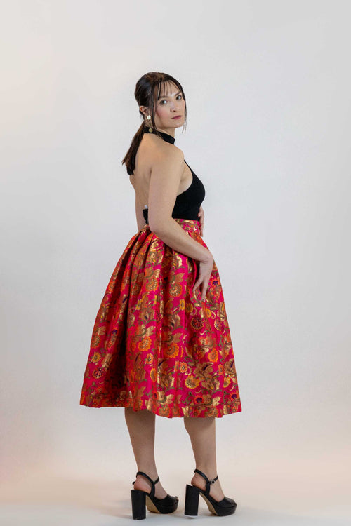 Hot Pink Floral A-Line Skirt – Vintage Brocade Midi Skirt