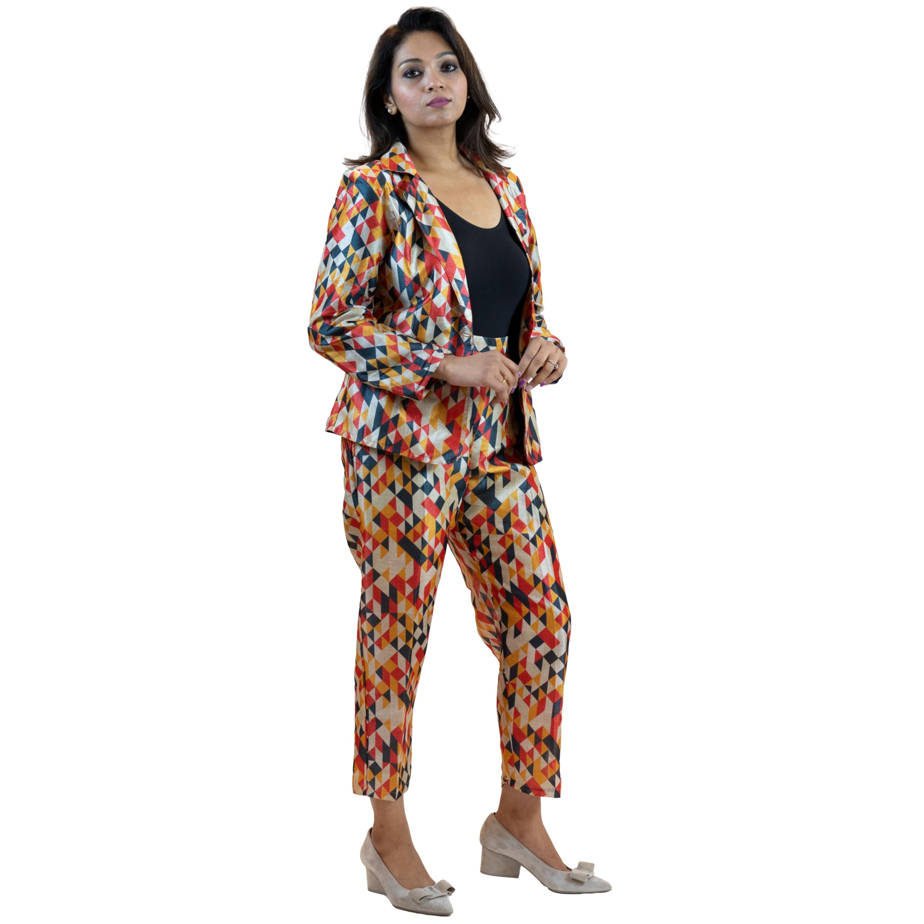 Geometric Print Co-Ord Set – Diamond Pattern Suit Women