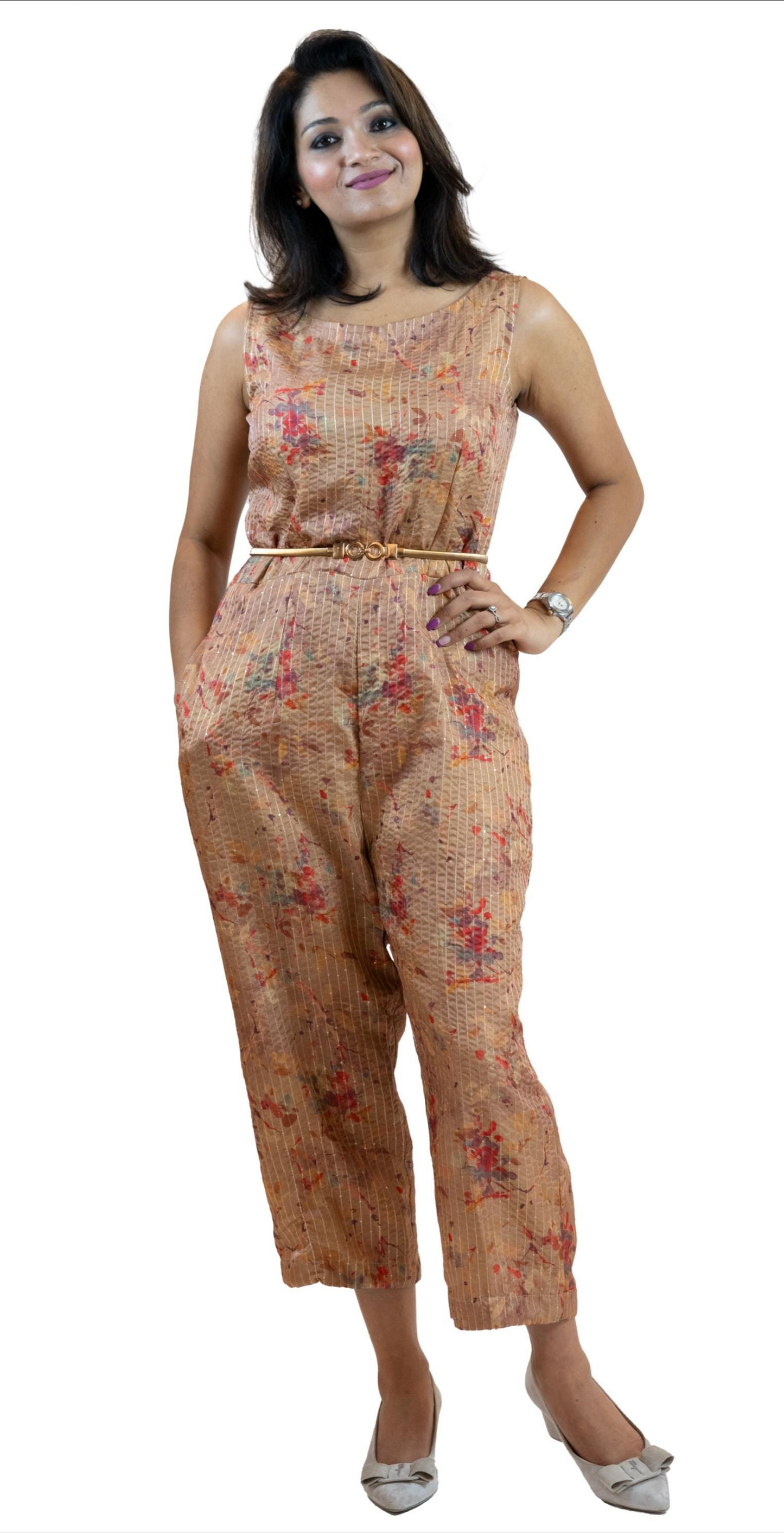 Beige Sequins Jumpsuit – Sleeveless Wide-Leg Party Outfit
