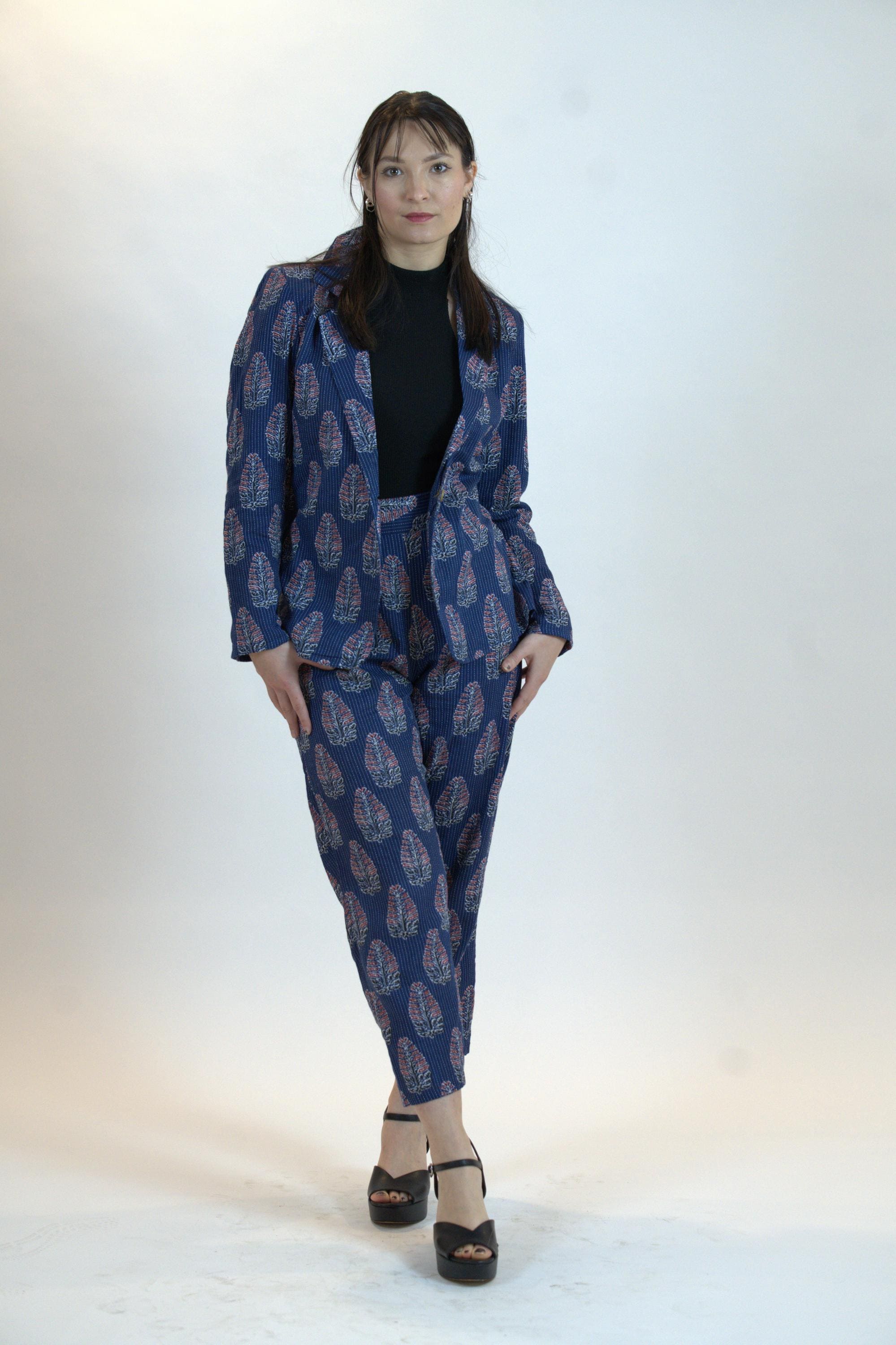Blue Floral Pant Suit – Linen Blend Blazer & Trousers