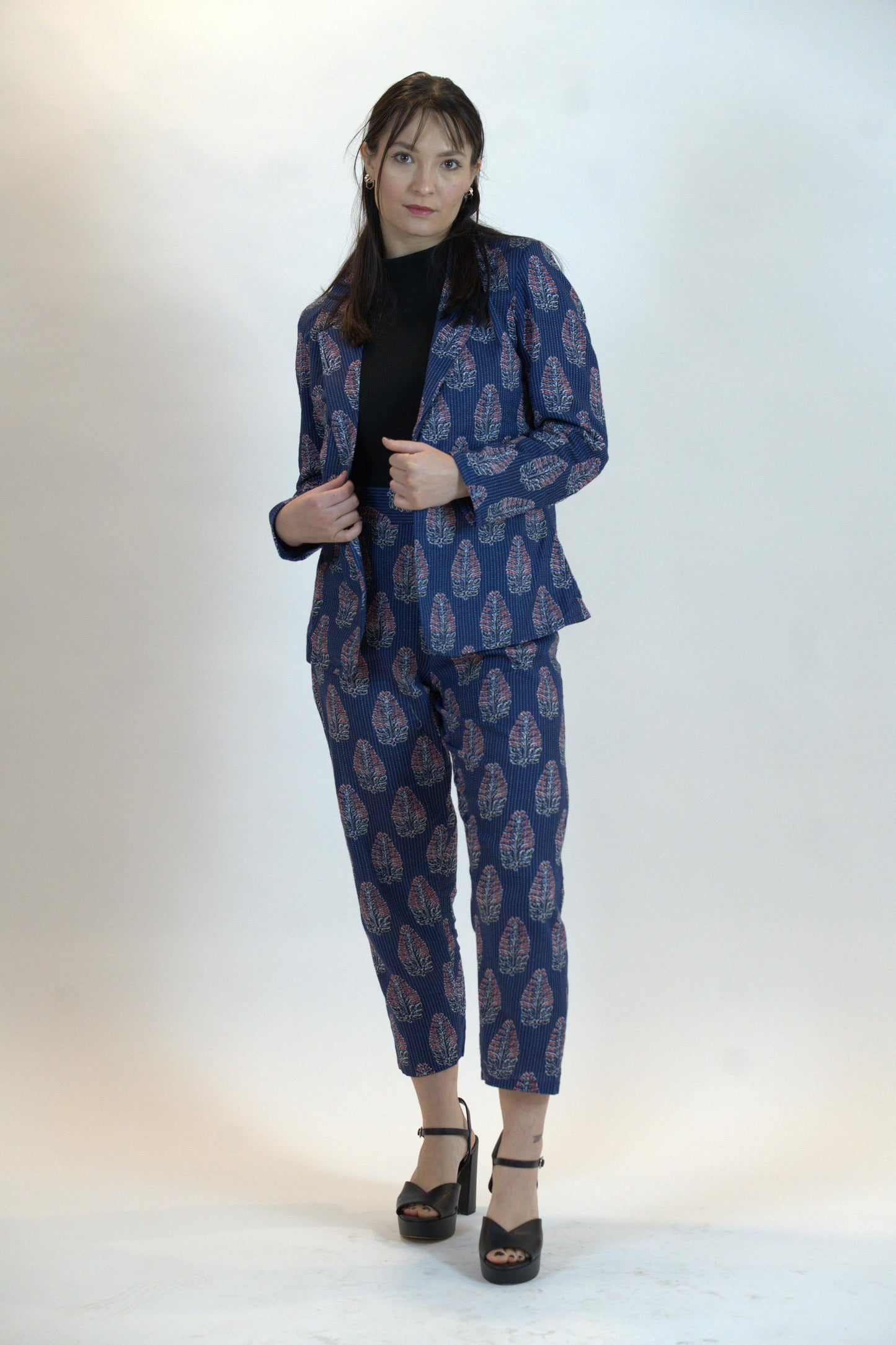 Blue Floral Pant Suit – Linen Blend Blazer & Trousers