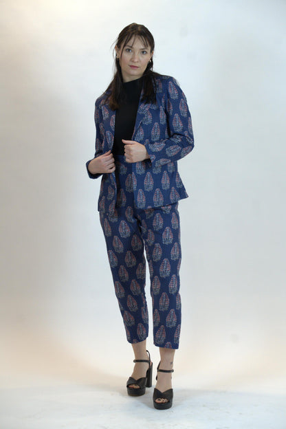 Blue Floral Pant Suit – Linen Blend Blazer & Trousers